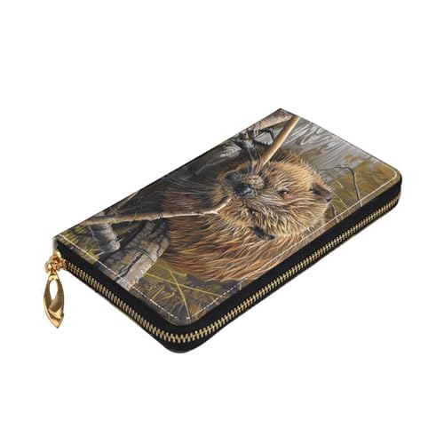 Yyoretp Biber Working Print Premium Leder Reißverschluss Rundum Geldbörse für Damen und Herren Scheckbuchhülle RFID Blocking von Yyoretp