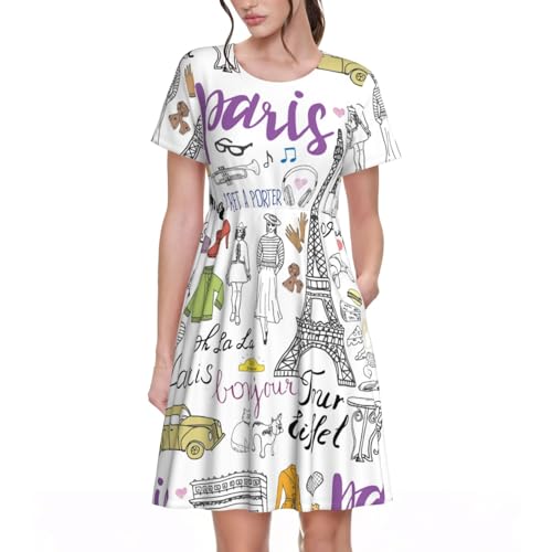 Yyoretp Damen French Paris Tour Eiffelturm Print Sommer Casual Kurzarm Kleider T-Shirt Strandkleid mit Taschen, Schwarz , M von Yyoretp
