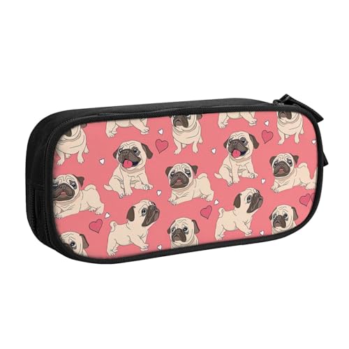 Yyoretp Federmäppchen mit großem Fassungsvermögen, lustiges Cartoon-Mops-Motiv, doppellagiger Reißverschluss, Make-up-Tasche, Federmäppchen., Schwarz , Einheitsgröße, Kosmetikkoffer von Yyoretp