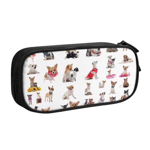 Yyoretp Federmäppchen mit großem Fassungsvermögen, niedliches Chihuahua-Mops-Muster, doppellagiger Reißverschluss, Make-up-Tasche, Stiftebox., Schwarz , Einheitsgröße, Kosmetikkoffer von Yyoretp