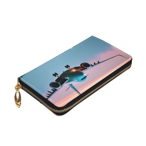Yyoretp Geldbörse mit Flugzeug in den Abendlichtern, Premium-Leder, mit Reißverschluss, für Damen und Herren, Scheckbuchhülle, RFID-Blockierung von Yyoretp
