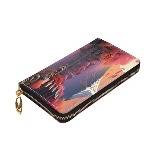 Yyoretp Geldbörse mit japanischem Fuji-Landschaftsdruck, Premium-Leder, mit umlaufendem Reißverschluss, für Damen und Herren, Scheckbuchhülle, RFID-Blockierung von Yyoretp