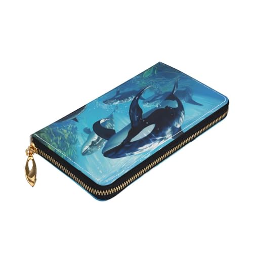 Yyoretp Killer Whales Swim Along Print Premium Leder Zip Around Wallet für Damen und Herren Scheckbuchhülle RFID Blocking von Yyoretp