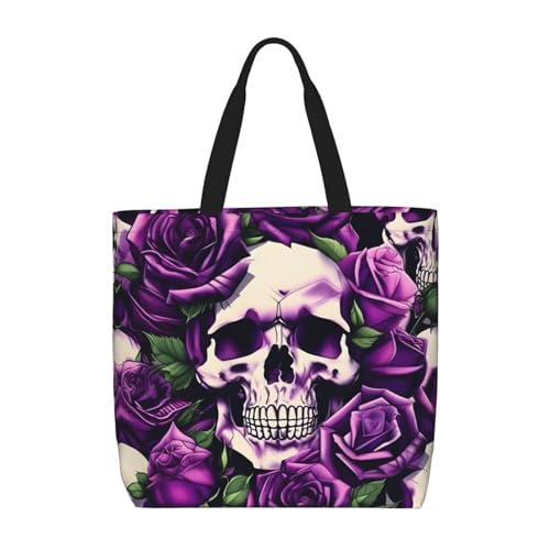 Yyoretp Many Purple Rose Skull Print Large Capacity Tote Bag with Zipper,Reusable Grocery Shoulder Bag for Shopping von Yyoretp