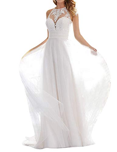 Brautkleid Lang Hochzeitskleider Damen Spitze Schleppe Neckholder A Linie Rückenfrei Ballkleider Elfenbein 36 von Yyoung