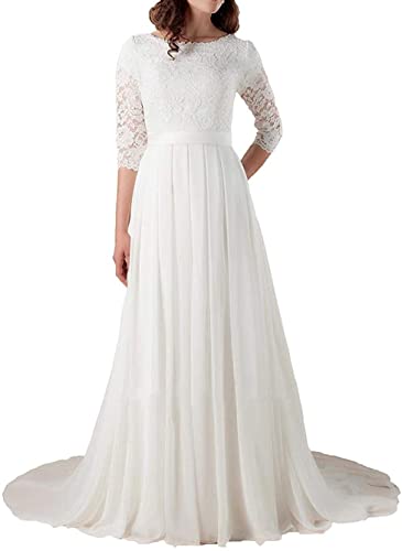Brautkleider Hochzeitskleider A-Linie Damen Elegant Vintage Brautkleid Brautmode Langarm Standesamt Weiß 48 von Yyoung