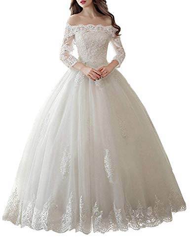 Brautkleider Hochzeitskleider A-Linie Prinzessin Spitze Brautkleid Schulterfrei Hochzeitskleid Lang Brautmode Off Shoulder Elfenbein 34 von Yyoung