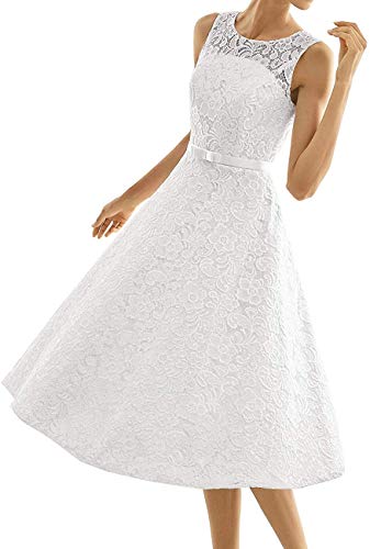 Brautkleider Kurz Spitze Vintage Schlichte Hochzeitskleider Standesamt Cocktailkleider Partykleider A-Linie Weiß 44 von Yyoung