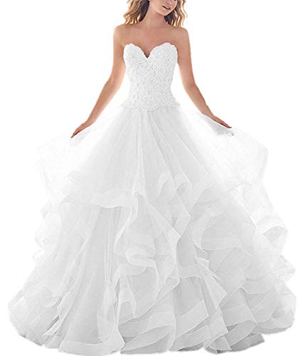 Brautkleider Lang Prinzessin Hochzeitskleider Herzausschnitt Damen A-Linie Rüschen mit Schleppe Weiß 50 von Yyoung