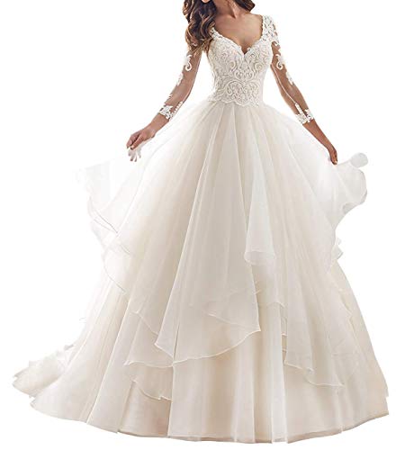 Hochzeitskleid Brautkleid V-Ausschnitt Damen Prinzessin Brautkleider A-Linie Langarm Elfenbein 40 von Yyoung