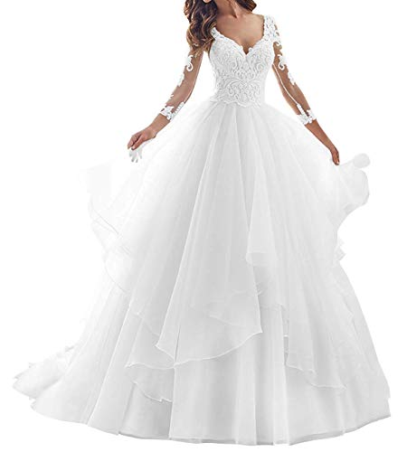 Hochzeitskleid Brautkleid V-Ausschnitt Damen Prinzessin Brautkleider A-Linie Langarm Weiß 38 von Yyoung