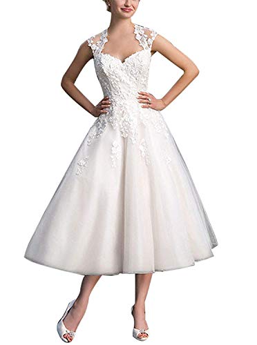 Hochzeitskleid Damen Kurz Vintage Brautkleid Spitze Tüll A Linie Hochzeitskleider Brautkleid Elfenbein 46 von Yyoung