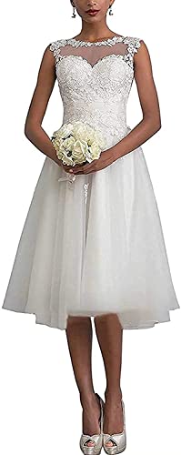 Hochzeitskleider Kurz A-Linie Damen Brautmode Vintage Brautkleider Standesamt Ärmellos Elfenbein 38 von Yyoung
