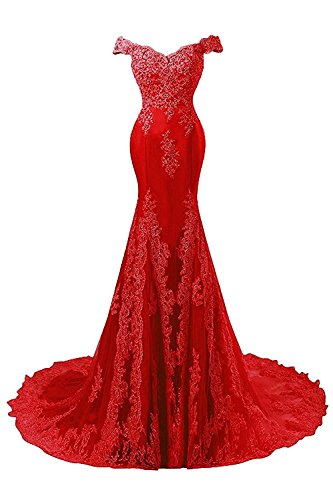 Yyoung Ballkleider Abendkleider Meerjungfrau Lang Hochzeitskleider Schulterfrei mit Schleppe Rot EUR36 von Yyoung