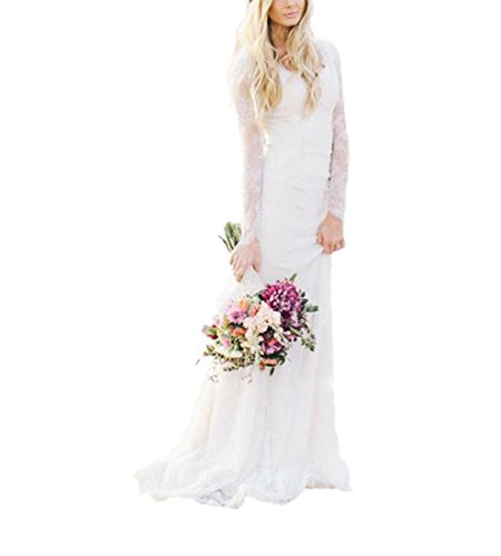 Yyoung Brautkleid Boho Vintage Damen Hochzeitskleid Langarm V-Ausschnitt Spitze Abendkleider Elfenbein 40 von Yyoung