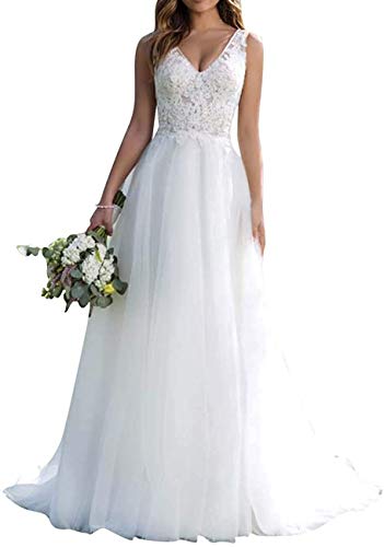 Yyoung Brautkleid Lang V-Ausschnitt Hochzeitskleider Damen Brautmode Tüll Spitze Abendkleider Elfenbein 48 von Yyoung
