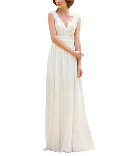 Yyoung Brautkleider Boho Einfarbig Damen V-Ausschnitt Hochzeitskleider Vintage Chiffon Strand Elfenbein 36 von Yyoung