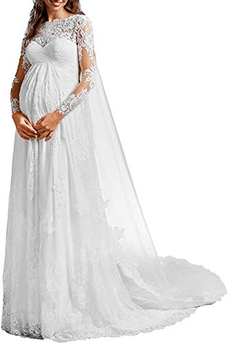 Yyoung Brautkleider Damen Schwangere Hochzeitskleider Lang Spitze Abendkleider Umstandskleid Festkleid Langarm Elfenbein 38 von Yyoung