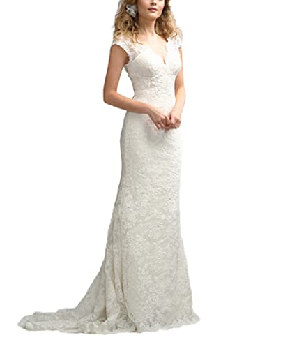 Yyoung Brautkleider V-Ausschnitt Empire-Taille Lang Spitze Hochzeitskleider Vintage Abendkleider Standesamt Weiß 40 von Yyoung