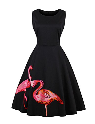 Yyoung Damen Retro 50er Jahre Rockabilly Flamingo Kleid Vintage Festliches Kleid Petticoat Kleid Schwarz 3XL von Yyoung