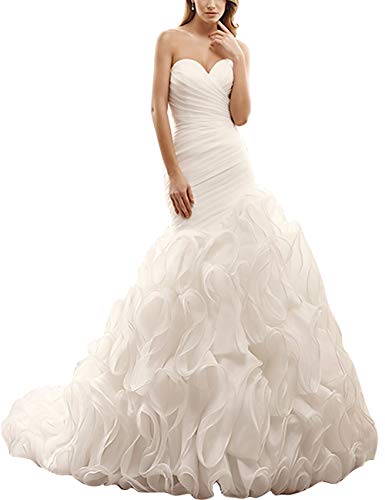 Yyoung Mermaid Hochzeitskleider Brautkleider Damen Organza Prinzessin Rüschen Abendkleider Lang Weiß 48 von Yyoung