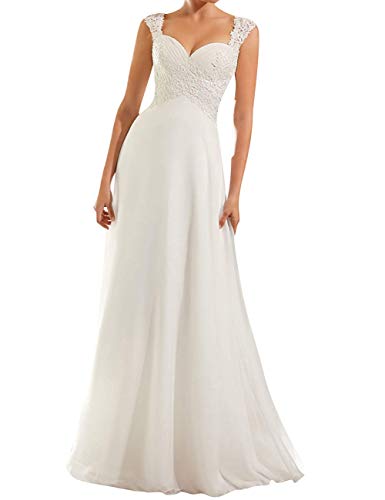 Yyoung Schlicht Brautkleid Lang V-Ausschnitt Hochzeitskleider Spitze Chiffon Brautmode Rückenfrei Weiß 34 von Yyoung