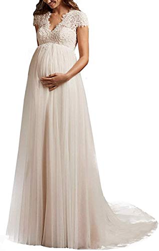 Yyoung Umstandsbrautkleid Lang Brautkleider Schwanger V Ausschnitt Spitze Hochzeitskleider Große Größen mit Schleppe Elfenbein 50 von Yyoung