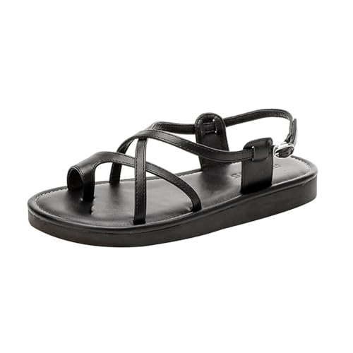 Damen-Sandalen aus Leder mit Riemchen und Zehenring und Dicker Sohle, mit Verstellbarer Knöchelschnalle, für Freizeitschuhe bei Strandpartys im Freien(Black,38 EU) von Yytcsjz