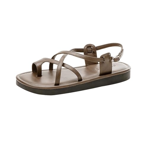 Damen-Sandalen aus Leder mit Riemchen und Zehenring und Dicker Sohle, mit Verstellbarer Knöchelschnalle, für Freizeitschuhe bei Strandpartys im Freien(Brown,39 EU) von Yytcsjz