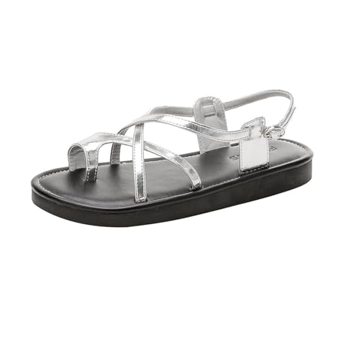 Damen-Sandalen aus Leder mit Riemchen und Zehenring und Dicker Sohle, mit Verstellbarer Knöchelschnalle, für Freizeitschuhe bei Strandpartys im Freien(Silver,40 EU) von Yytcsjz