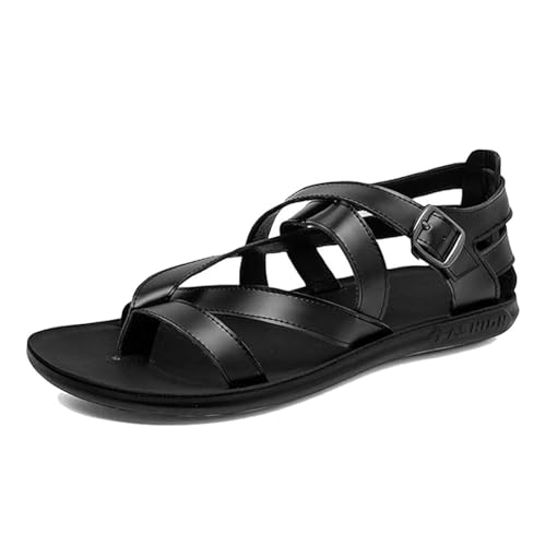 Flache Outdoor-Hausschuhe, Herren-Sommerschuhe Mit Rutschfestem, Überkreuztem Riemchen Und Verstellbarer Metallschnalle, Sandalen Gegen Ballenzehen Stilvolle PU-Flip-Flops Zehenpartie(Black,44 EU) von Yytcsjz