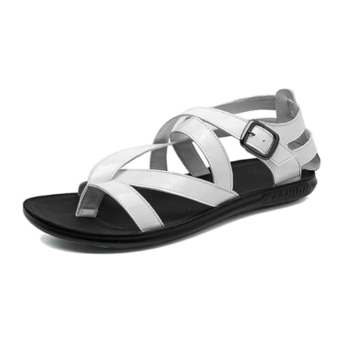 Flache Outdoor-Hausschuhe, Herren-Sommerschuhe Mit Rutschfestem, Überkreuztem Riemchen Und Verstellbarer Metallschnalle, Sandalen Gegen Ballenzehen Stilvolle PU-Flip-Flops Zehenpartie(White,38 EU) von Yytcsjz