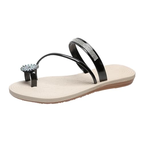 Flache Sandalen für Damen mit Strasssteinen und Glitzer im Freien, Slip-On-Sandalen mit Zehenring und offener Zehenpartie, Flip-Flops mit Clip-Zehen-Korrektur für Ballenzehen(Black,38 EU) von Yytcsjz