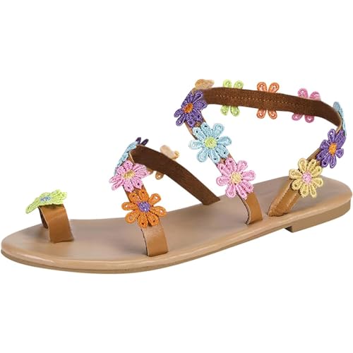 Flache Sandalen für Damen mit bunten Blumen, Flip-Flops mit Clip-Toe-Korrektur für Ballenzehen, Slip-On-Sandalen im Bohemian-Stil, lässige Sommerschuhe mit offener Spitze(42 EU) von Yytcsjz