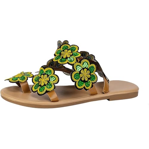 Flache Sandalen mit Blumenmuster für Damen, lässige, Bequeme Strandschuhe im Bohemia-Stil mit Clip-Toe, Hausschuhe zur Korrektur des Großzehenknochens und zur Fußgewölbeunterstützung(39 EU) von Yytcsjz