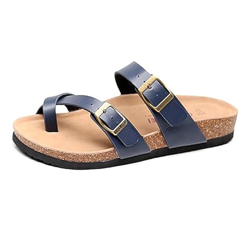 Yytcsjz Herren-Sandalen Aus Kork Mit Fußbett Und Fußgewölbeunterstützung Gegen Ballenzehen, Orthopädische Hausschuhe Im Vintage-Stil Mit Offener Spitze Verstellbarer Metallschnalle(Blue,43 EU) von Yytcsjz