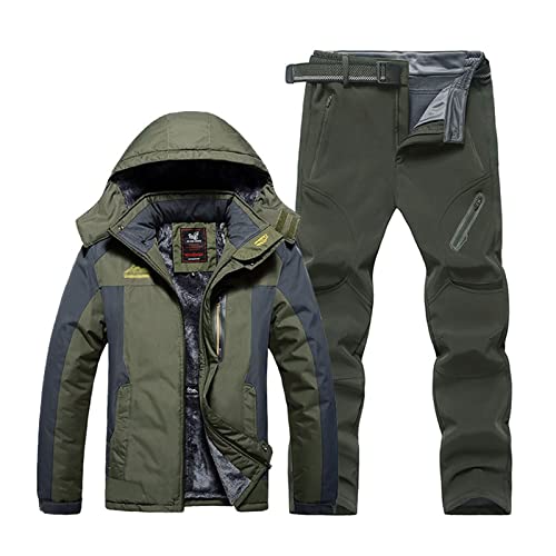 Männer Ski Jacke Ski Hosen, Mode Mens Plus Size Plüsch und Verdicken Kapuze Ski Mantel Hose Ski Anzug, Outdoor Sport 2-teiliges Set, zum Skifahren und Winter Outdoor Aktivitäten ( Color : A army green von Yytcsjz