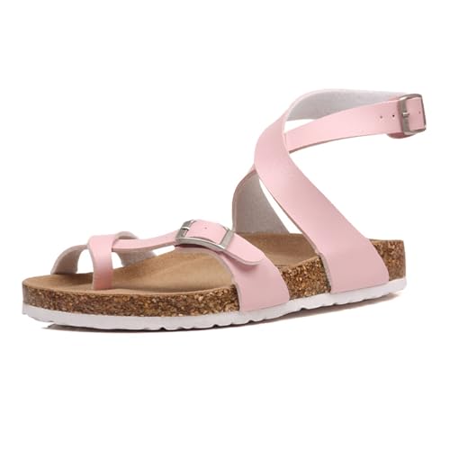 Yytcsjz Korksandalen Für Herren, Flache Herren-Outdoor-Sandalen Mit Verstellbarer Metallschnalle Und Kreuzriemen Zur Korrektur Von Ballenzehen(Pink,41 EU) von Yytcsjz