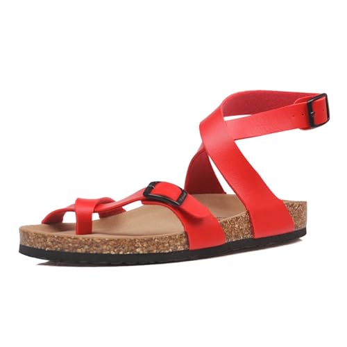 Yytcsjz Korksandalen Für Herren, Flache Herren-Outdoor-Sandalen Mit Verstellbarer Metallschnalle Und Kreuzriemen Zur Korrektur Von Ballenzehen(Red,41 EU) von Yytcsjz