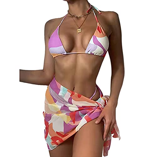 Yyyuluo Damen Bademode Bikini Set - 3-Teilige Badebekleidung Chiffon Badeanzug Druck Bikini Tanga Krawatte V-Ausschnitt Strandkleidung Vertuschen Sarong-Rock Kleid Sommer Wickel Schalschwimmshirt M von Yyyuluo