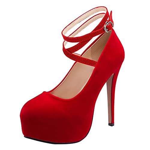 Yyyuluo Damen Plateau Heels - Damen Wildleder Sexy Kreuz Knöchelriemen Hoher Absatz Mary Jane Stiletto Pumps Schnalle Runde Zehen High Heels Mode Braut Partykleid Schuhe Rot 36EU von Yyyuluo