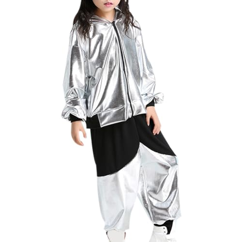 Yyyuluo Mädchen 2Teilig Hip Hop Klamotten Kostüm Kinder Straßentanz Outfit Jungen Pailletten Tanz Ballroom Jazz Kleidung Oberteil Hose Tanzbekleidung Kostüm-Sets, Silber 150cm (Kleinere Größen) von Yyyuluo