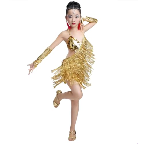 Yyyuluo Mädchen Glitzernde Tanzkleidung Kinder Pailletten Fransen Tanzkleid Auftritt Ballroom Kostüm Salsa Tango Quaste Latein Tanz-Kleidung, Gold 130cm (Kleinere Größen) von Yyyuluo