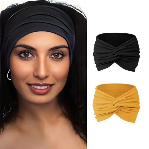 Yyyuluo 2 Stück Haarband Stirnband Damen Extra Breit Haarbänder Headband Elastische Haarreifen Yoga Sport Haarschmuck Damen (Schwarz + Gelb) von Yyyuluo