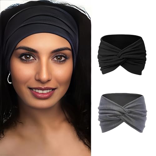 Yyyuluo 2 Stück Haarband Stirnband Damen Extra Breit Haarbänder Headband Elastische Haarreifen Yoga Sport Haarschmuck Damen (Schwarz + Grau) von Yyyuluo