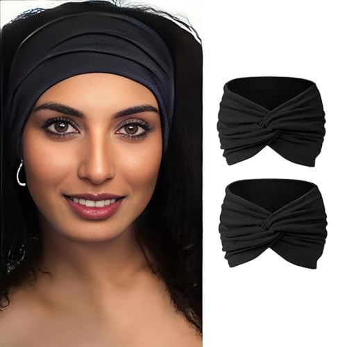 Yyyuluo Stirnbänder für Damen 2er Set - Extra breite Turban Headwrap aus weichem Stoff Elastische Boho Haarbänder als Haarschmuck Twist-Knoten Design für Frauen & Mädchen (Schwarz 2er Pack) von Yyyuluo