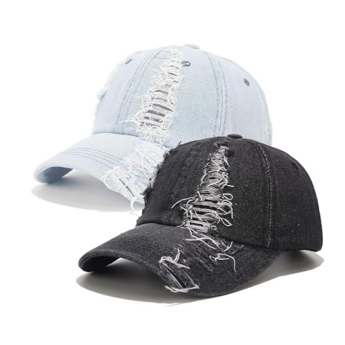 YzoTek 2 Packungen Zerrissene Denim Baseballkappe – Gewaschenes Finish Distressed Verstellbarer Sonnenhut Golf für Männer und Frauen von YzoTek