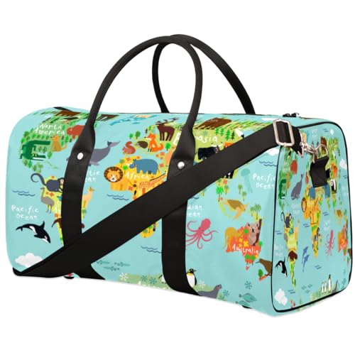 Animal World Map Travel Duffle Bag for Men Women Ocean Mainland Overnight Weekender Bag Foldable Travel Duffel Bag Large Sports Gym Bag Waterproof Luggage Tote Bag Tear Resistant, Mehrfarbig, 17.4 x von Yzrwebo