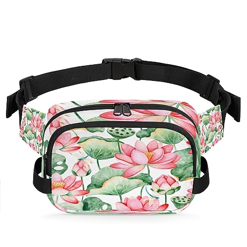 Aquarell-Lotus-Fanny-Packs, Gürteltasche für Damen, Herren, Lotusblume, modische Umhängetasche, Hüfttasche mit verstellbarem Riemen für Outdoor, Workout, Freizeit, Reisen, Laufen, Wandern, Radfahren, von Yzrwebo