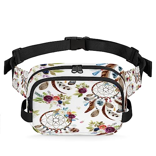 Bemalte Traumfänger-Bauchtasche für Damen, Herren, Blume, Feder, Hüfttasche, modische Umhängetasche, Hüfttasche mit verstellbarem Riemen für Outdoor, Workout, Freizeit, Reisen, Laufen, Wandern, von Yzrwebo